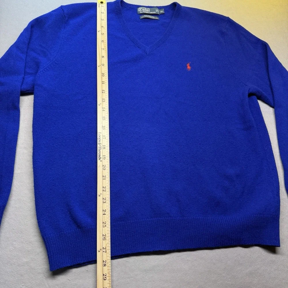 Polo by Ralph Lauren Men's Blue V-Neck 100% Lambs Wool Knit Sweater XL